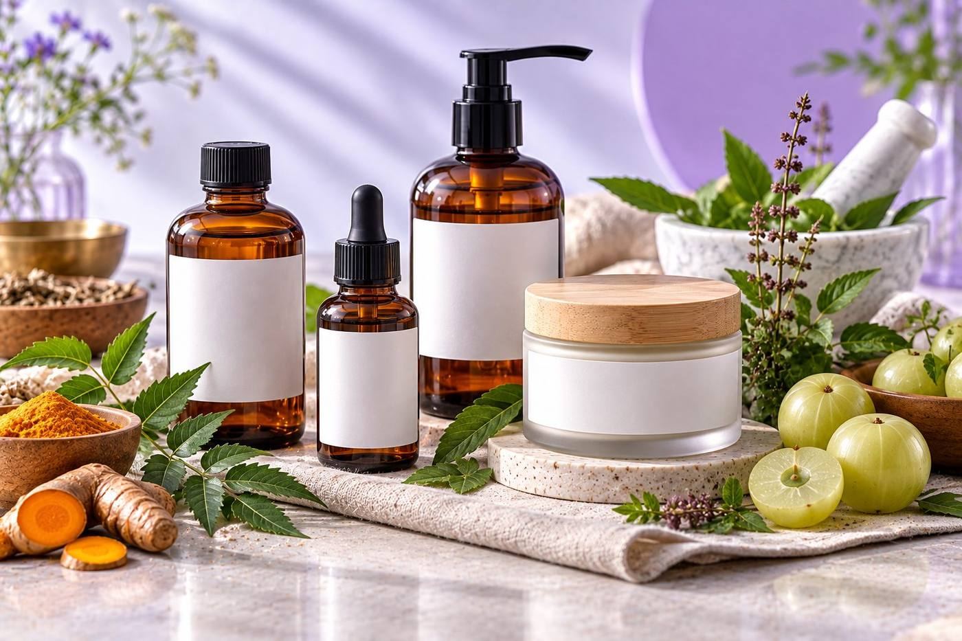 CSL clean, natural and Ayurvedic cosmetics development: amber bottles with turmeric, neem and amla