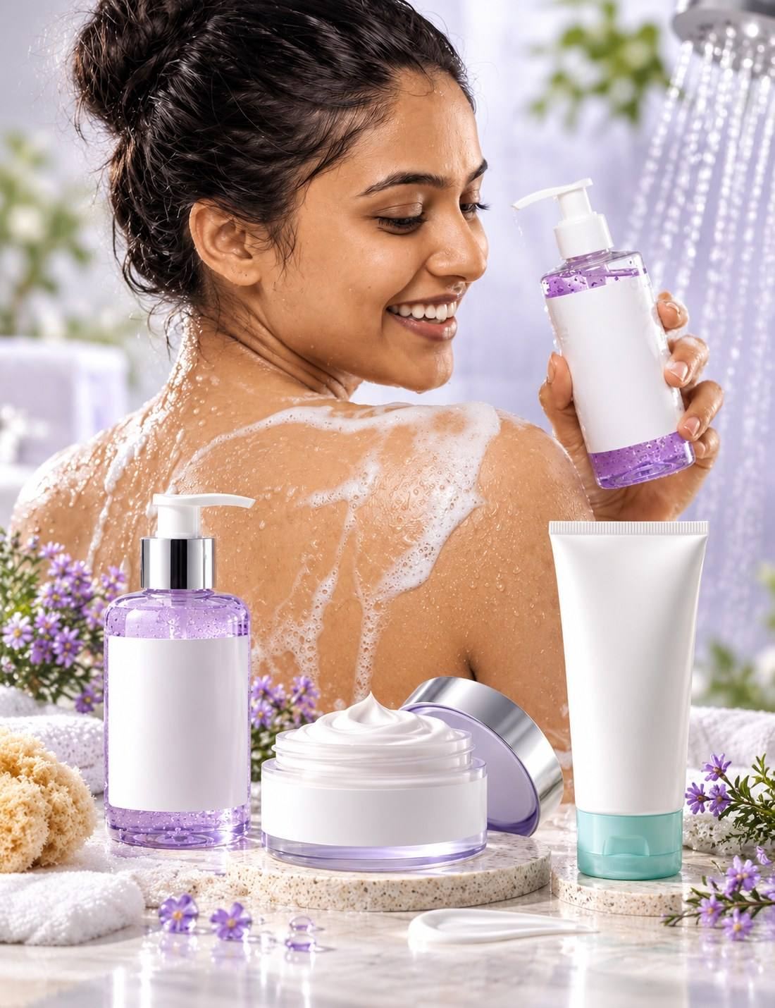 Smiling woman in the shower holding a body wash, with foam on her shoulder and body lotion and cream in front