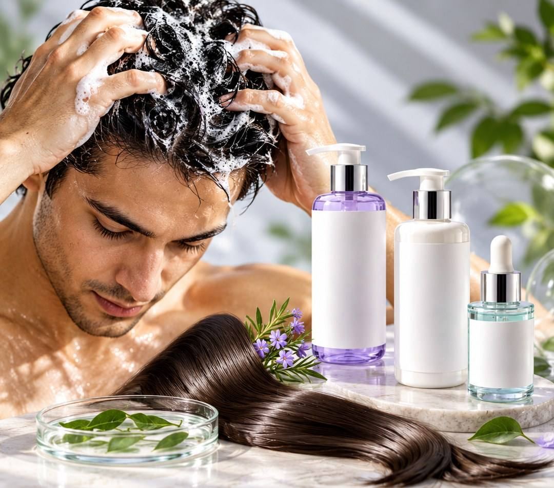 Man lathering shampoo into his hair beside shampoo, conditioner and scalp serum bottles and a sweep of glossy hair