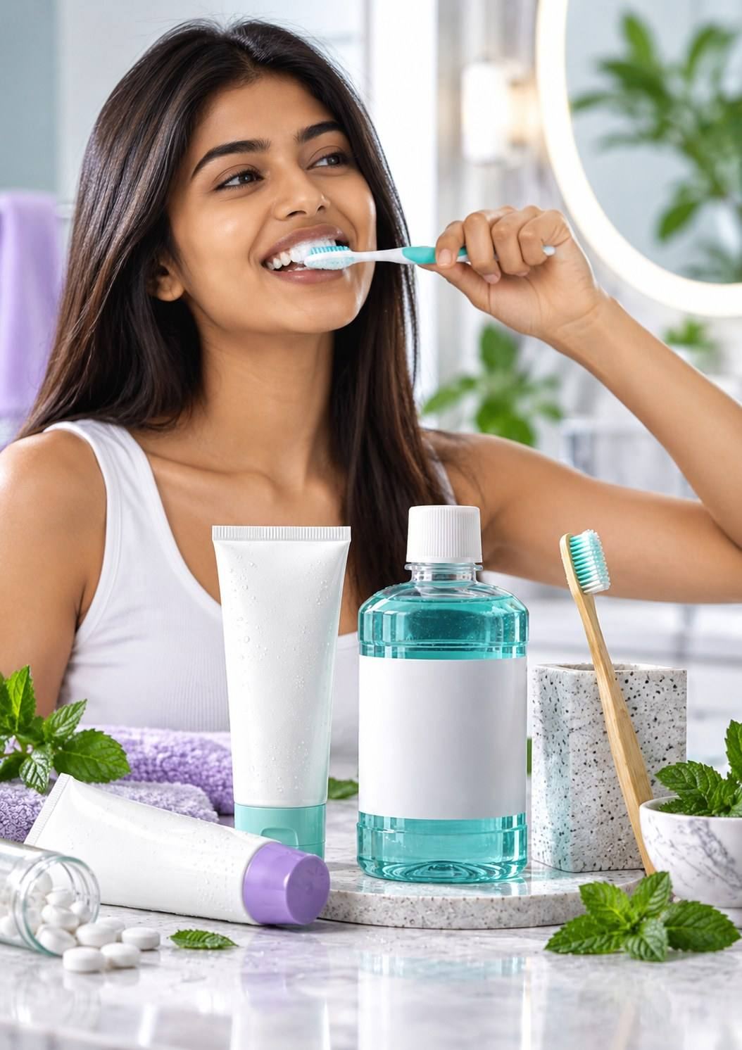 Smiling woman brushing her teeth beside toothpaste, mouthwash and a bamboo toothbrush with fresh mint