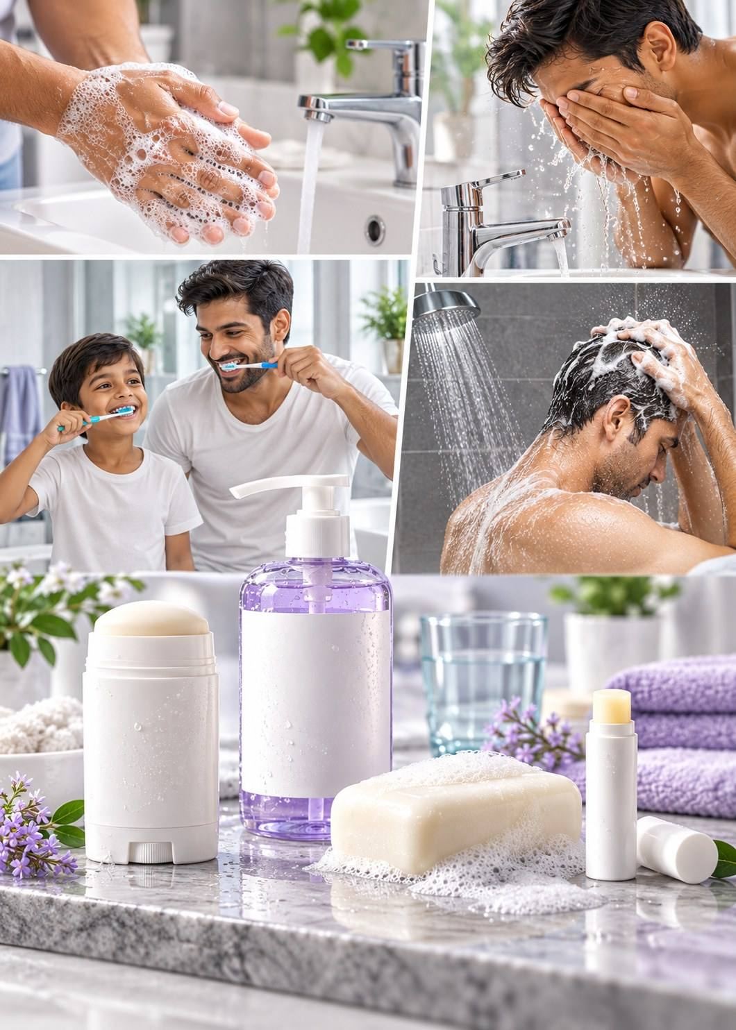 Everyday hygiene moments: hand washing, face washing, a father and son brushing teeth and a shower, above a deodorant, hand wash, soap bar and lip balm