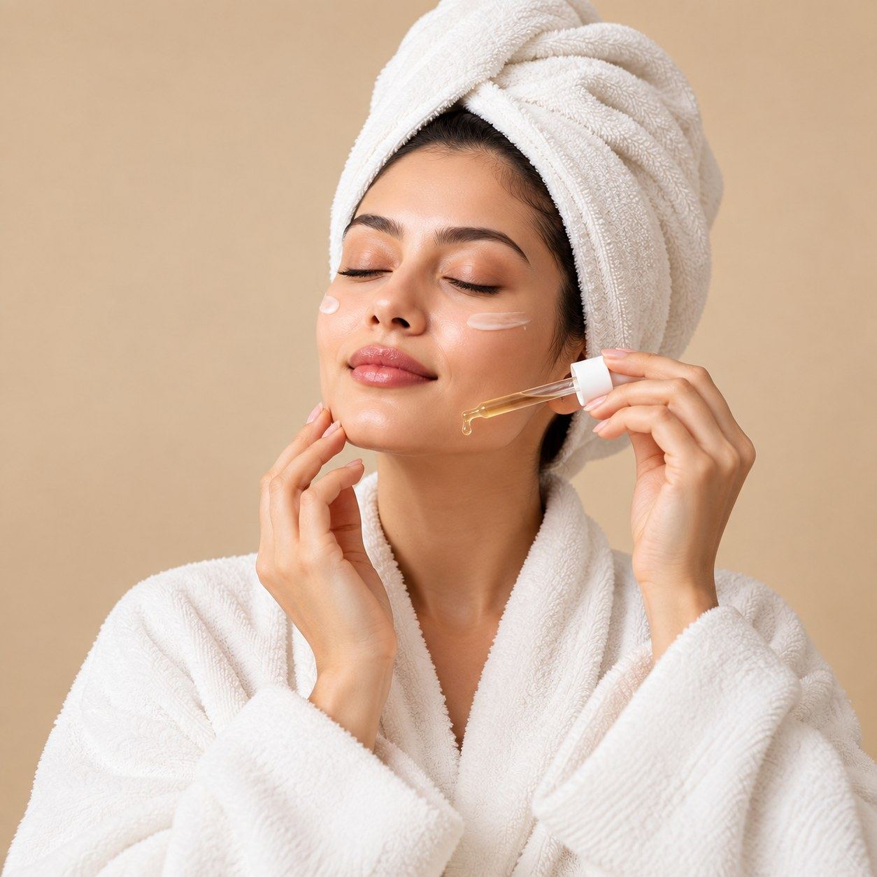 Woman in a bathrobe and towel turban applying a face serum with a dropper, with cream on her cheeks