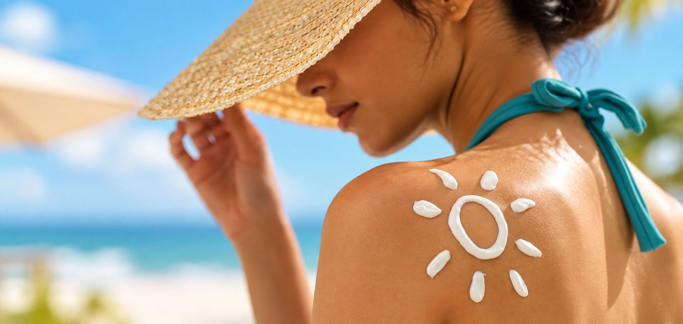 Woman in a straw sun hat at the beach with sunscreen drawn as a sun on her shoulder