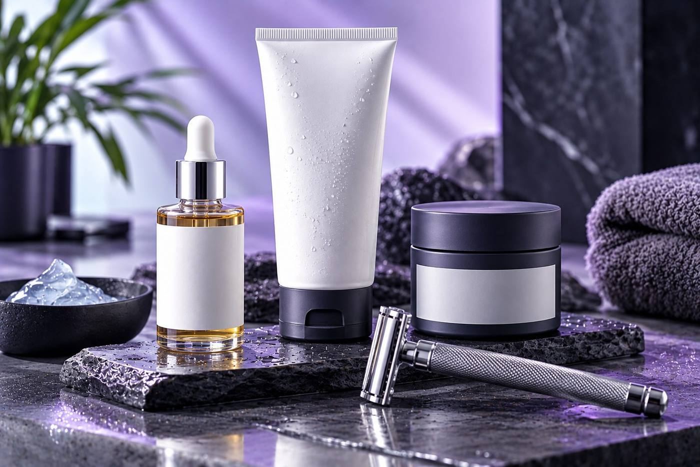 CSL men’s grooming product development: beard oil, shave gel, balm jar and safety razor
