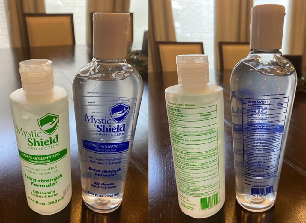 Recalled Mystic Shield Protection hand sanitiser, 250 ml bottles with green and blue labels